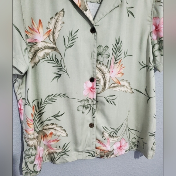 Island Traders Green Floral Tropical Women's Short Sleeve Button Blouse Size L - Picture 5 of 11
